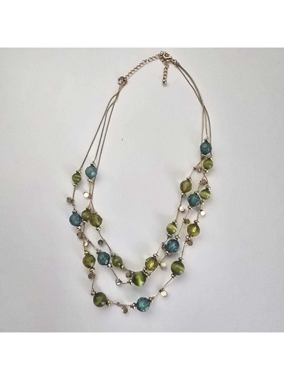 Multi-Strand Golden Beaded Necklace Green & Blue with Gold Tone Accents